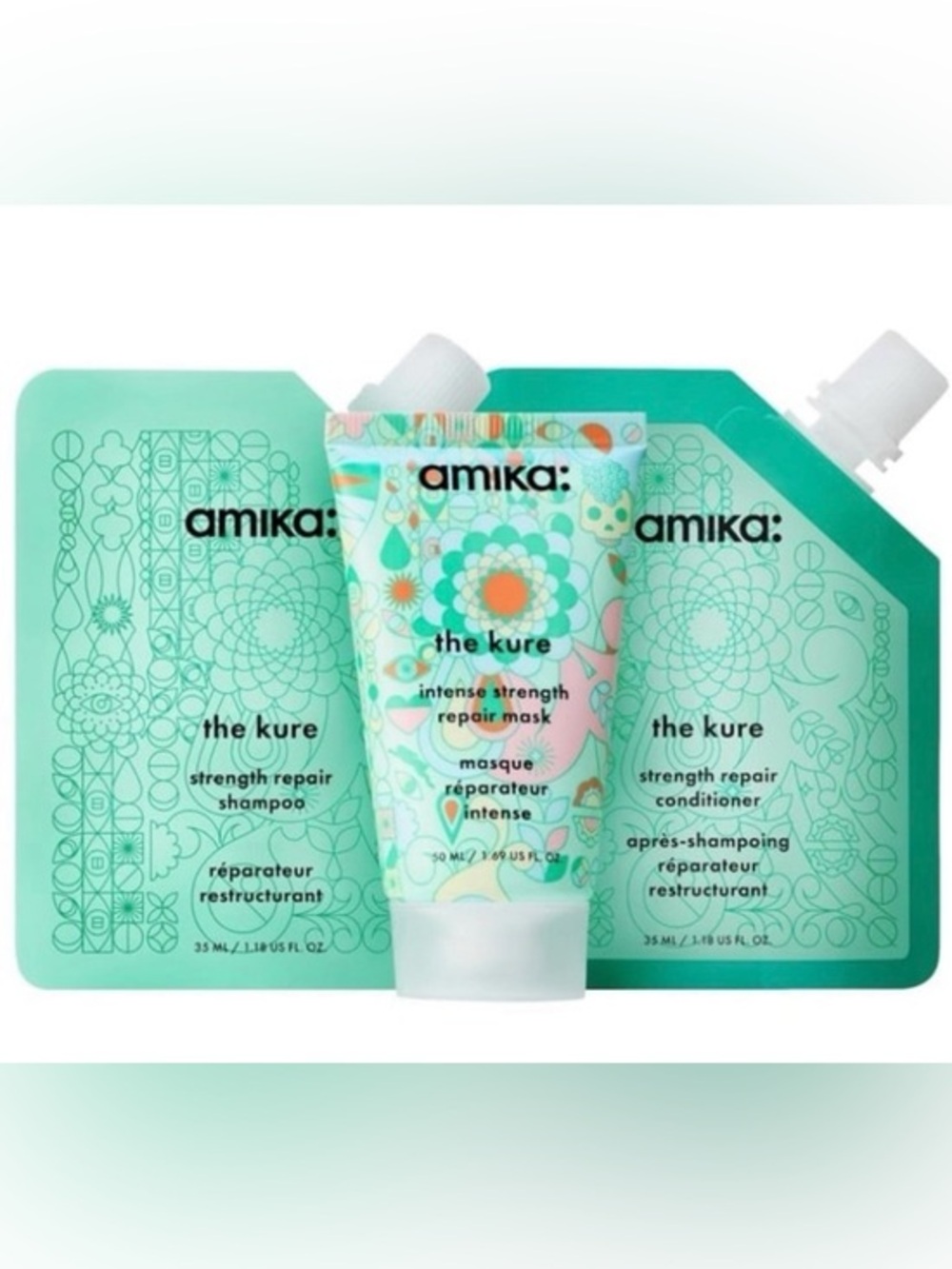 Amika The Kure Shampoo Conditioner Hair Mask Travel Set